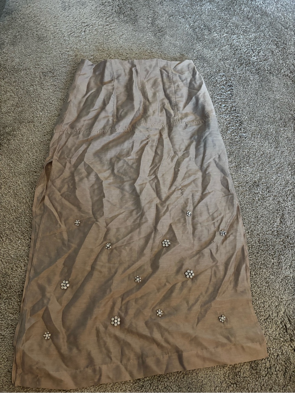 H&M Tan Midi Skirt with Embellished Flower Accents